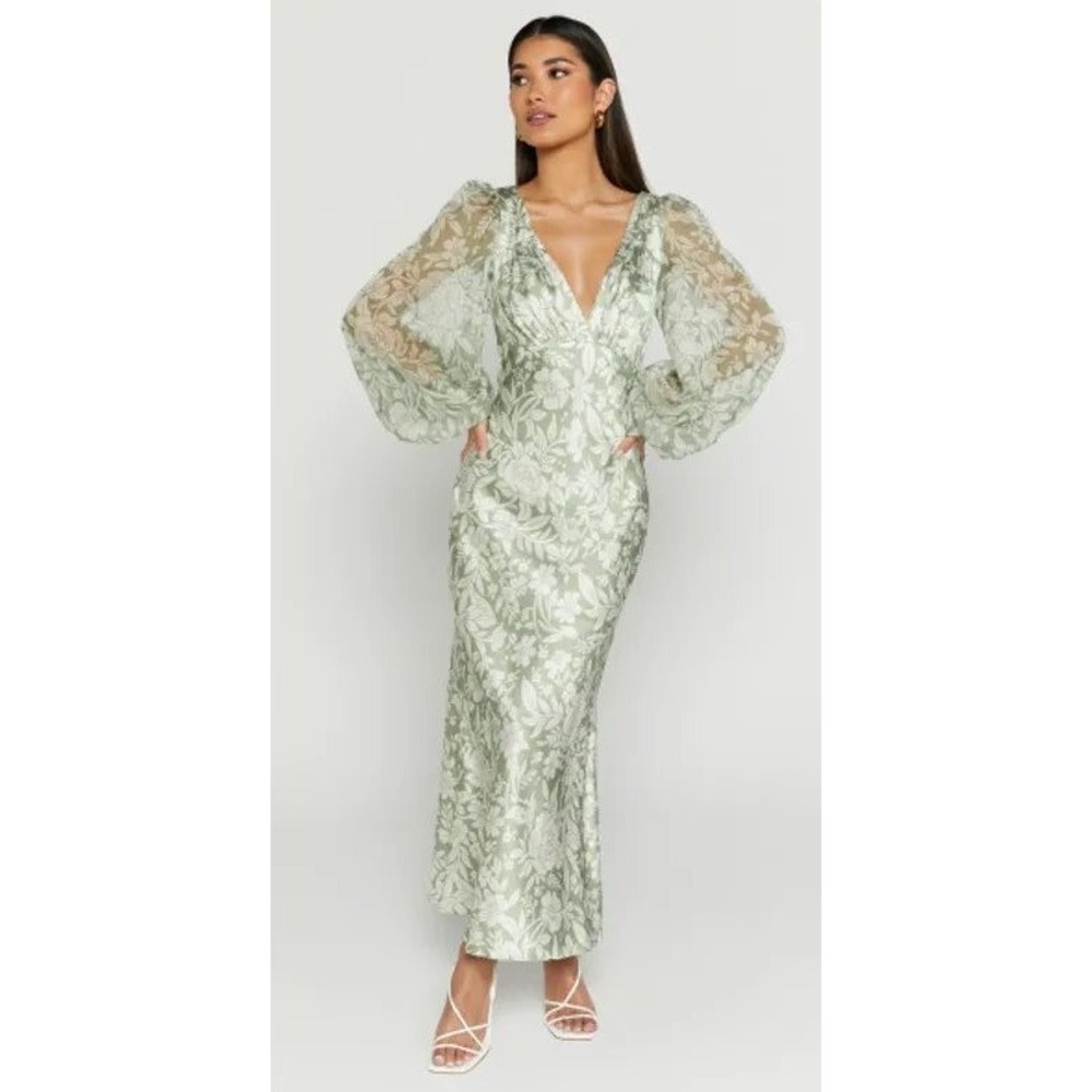 Showpo Freollyn Midi Dress Women 14 Sage Green NWT Floral Deep V Long Sleeve